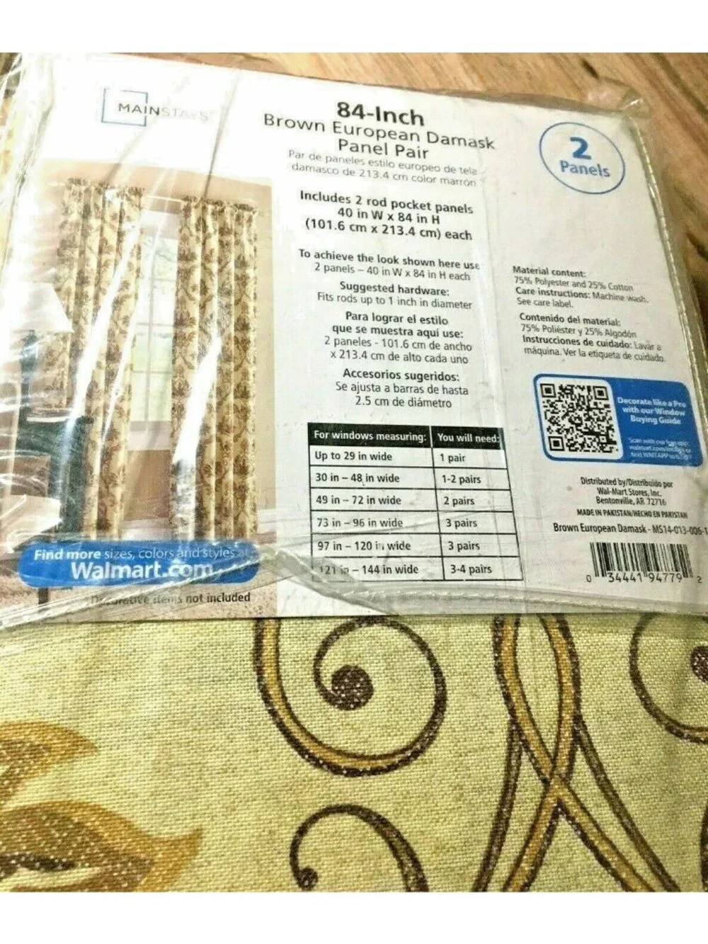 Mainstays 84-In Brown European Damask Panel Pair Rod Pocket Curtains Home Decor